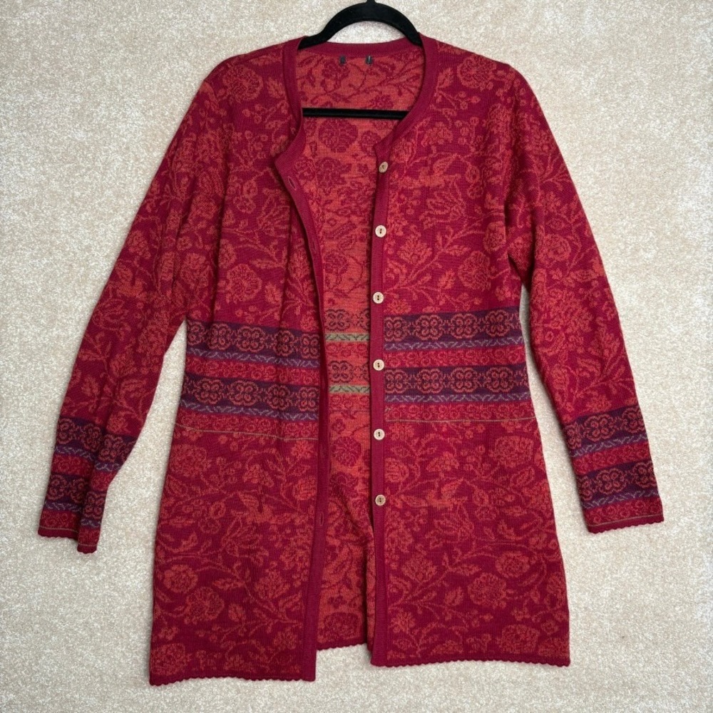 NOVICA Alpaca Cardigan Women's Small Red Floral‎ Longline Knit Sweater Peru Boho